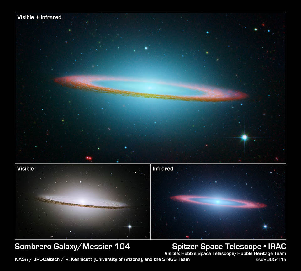 The Sombrero
          Galaxy (M104) in visible and infrared.